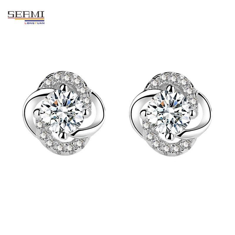Women′ S Sterling Silver Four Leaf Clover Earrings with Diamonds