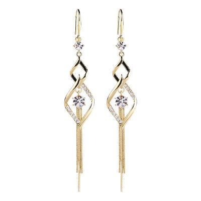 Manufacture New Design Pave Glass Stone 2 Layered Diamond Shape Pendant Snake Tassel Drop Earrings for Female