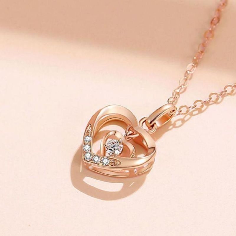 Fashion Pure 18K Rose Gold Plated Diamond Double Hearts Pendant 925 Silver Necklace Women Jewelry Chain Custom