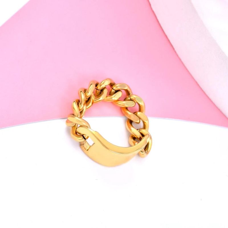 Fashion 18K Gold Plated Curb Chain Ring with Rectagle Shaped for Men and Women