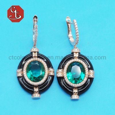 Emerald Gem Stone Earring Enamel Silver Earrings Fashion Green Stone Jewelry