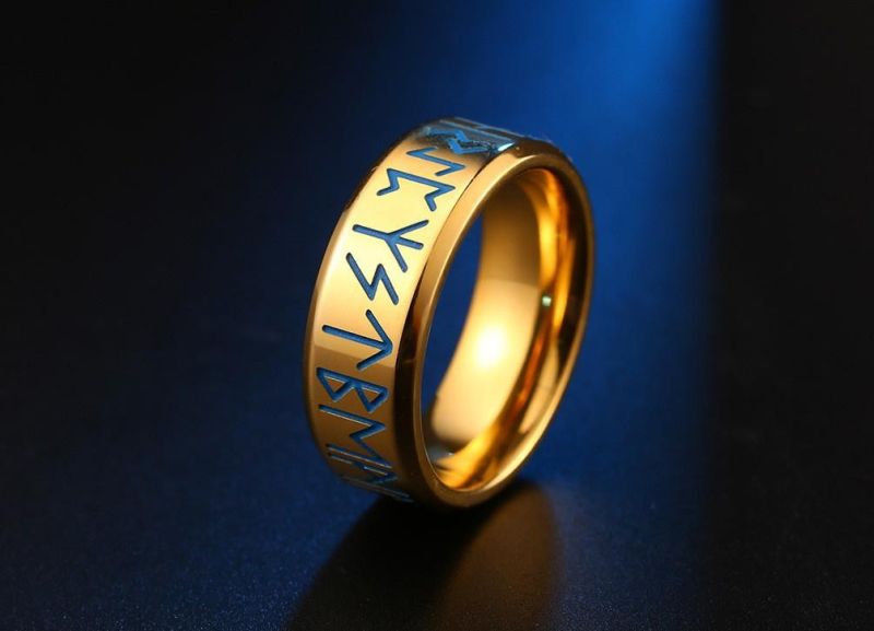 8mm Inner Arc Mirror Light Rot Engraved Nordic Viking Text Luminous Luminous Ring Simple European Style Ring for Men SSR2399g