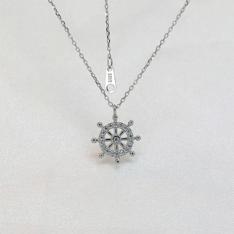 925 Sterling Silver 14K White Gold Plated Compass Crystal Pendant Necklace Women Vintage Palace Style Jewelry