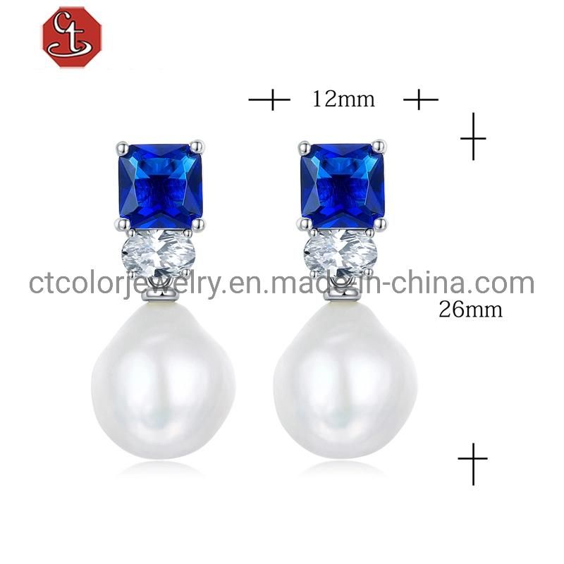 White Baroque Pearl Silver or Brass Earrings Blue CZ Stud Earrings Freshwater Pearl Drop Earring