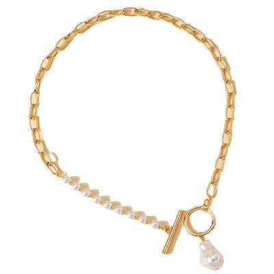 Modern Fashion Accessories Pearl Section Mix Link Chain T Bar O Bar Clasp Necklace for Fashion Women Jewelry