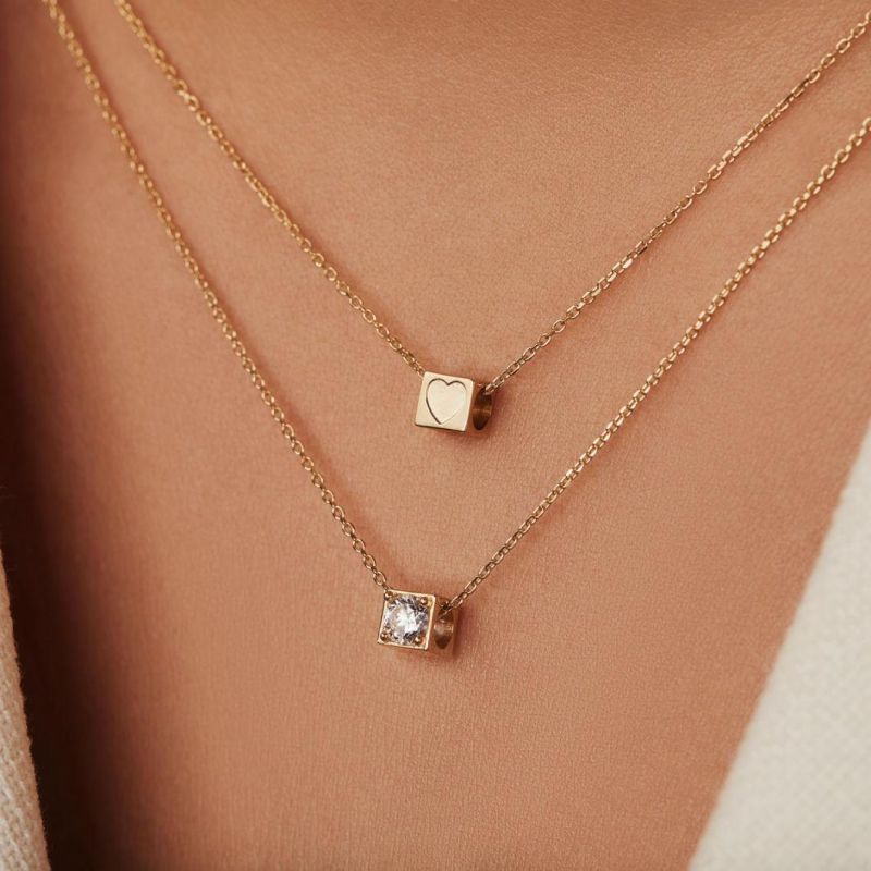 2022 New Custom Jewelry 925 Sterling Silver 18K Gold Plated Lucky CZ Heart Square Cube Dice Charm Pendant Necklace for Women Men