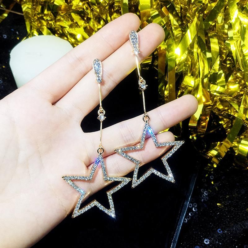 Crystal Rhinestone Hollow Five-Pointed Star Hanging Earrings Ladies Fashion Jewelry