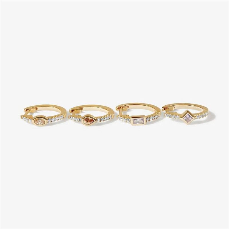 Minimal Geometric Shapes Brass Huggie Earring Set with Cubic Crystal and Contrast Detailing for Women