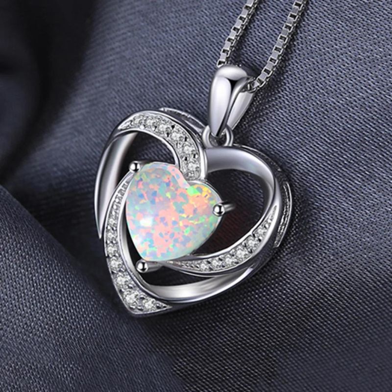 925 Sterling Silver Heart Pendant Necklace Fashion Jewelry with Opal for Women Wholesale