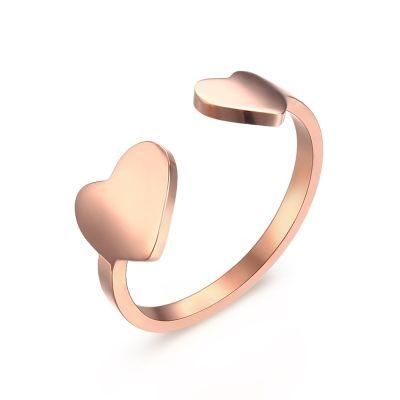 Stainless Steel Heart Rose-Gold Plating Opening Adjustable Size Ring for Girl