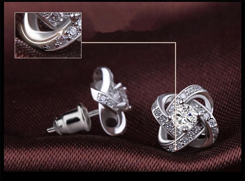 Crystal 925 Sterling Silver Knot Flower Earrings Women Fashion Wedding Jewelry