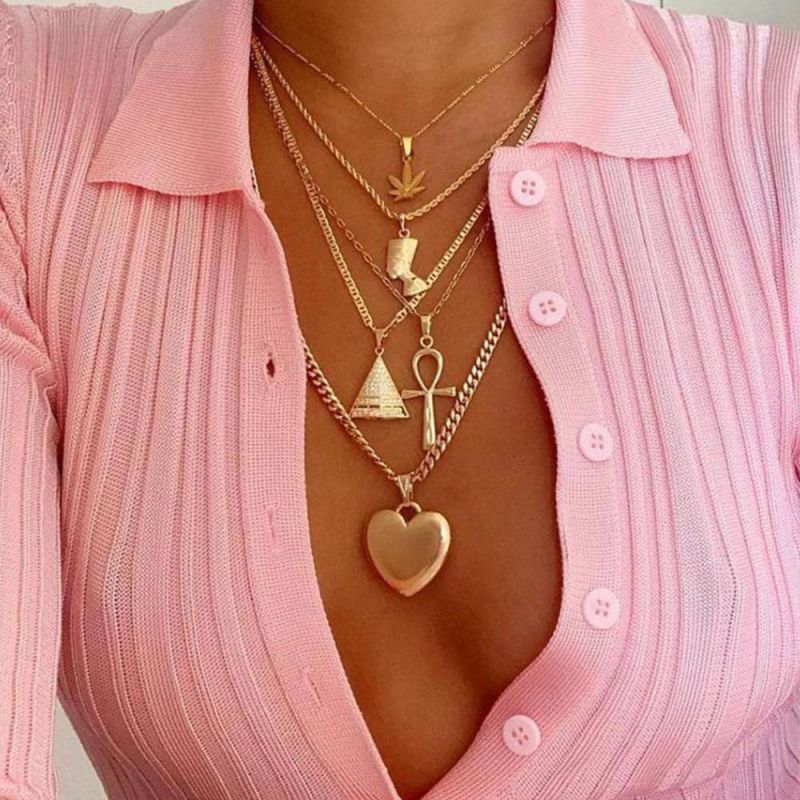 Fashion Jewelry Women Multi Layer Gold Plated Choker Necklace with Heart Pendant