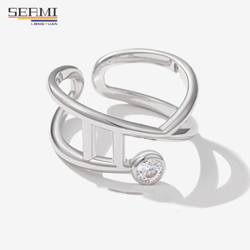 S925 Silver Ring Female Ins Design Texture Geometric Opening Ring