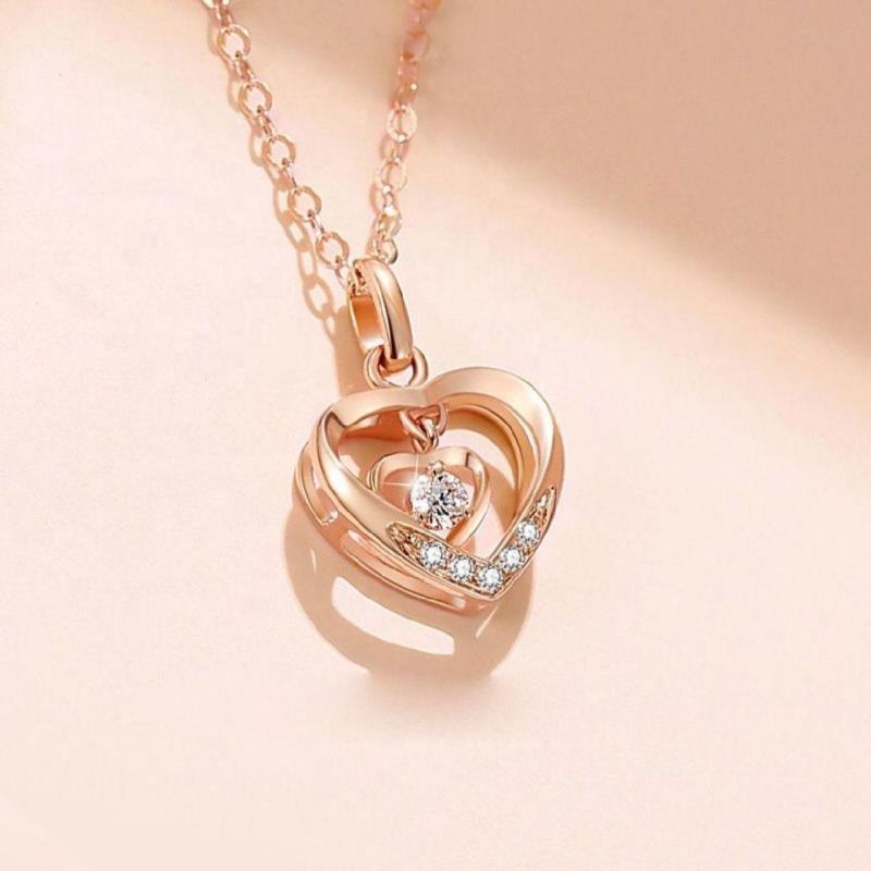 Fashion Pure 18K Rose Gold Plated Diamond Double Hearts Pendant 925 Silver Necklace Women Jewelry Chain Custom