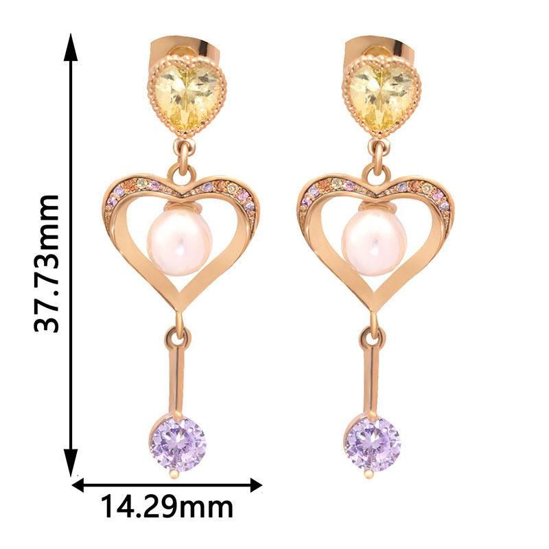 Trendy Women′s Pearl Colorful Zircon Heart Dangle Gold Earrings