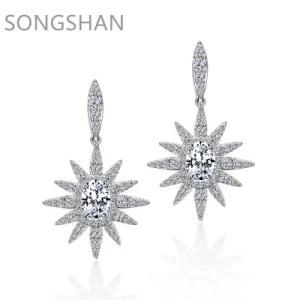 925 Sterling Silver White Gold Plated Diamond Flower Zirconia Dangling Lady Earrings