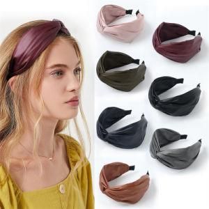 Wholesale Fashion Solid Colour Bow Knot PU Washing Headband for Women Wide Hair Bands for Girls