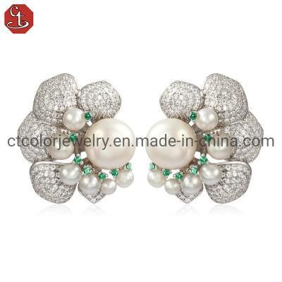 Luxury Pearl Cubic Zircon 925 Silver Jewelry Stud Earrings Customized Earrings