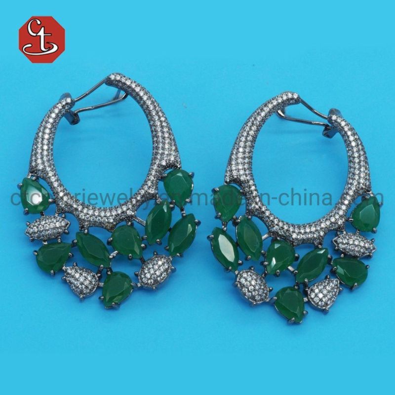 Luxury Geometric Silver or Brass Earring Colorful Gemstone with Cubic Zircon Eardrop