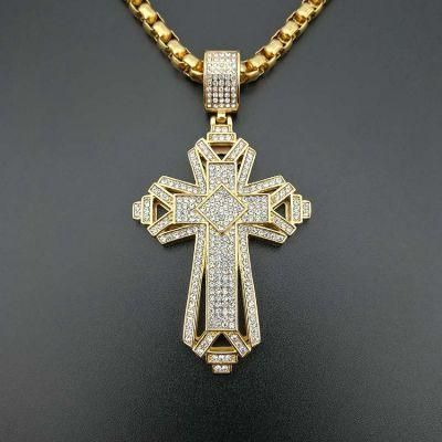 Titanium Steel Color Gold Plated Full Diamond Cross Pendant Necklace