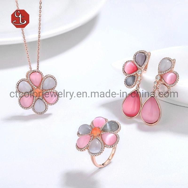 Fashion Jewelry 925 Sterling Silver Ring Daisy Flower Silver Gold Jewelry Pear shaped Color Cat Eyes Stone Ring