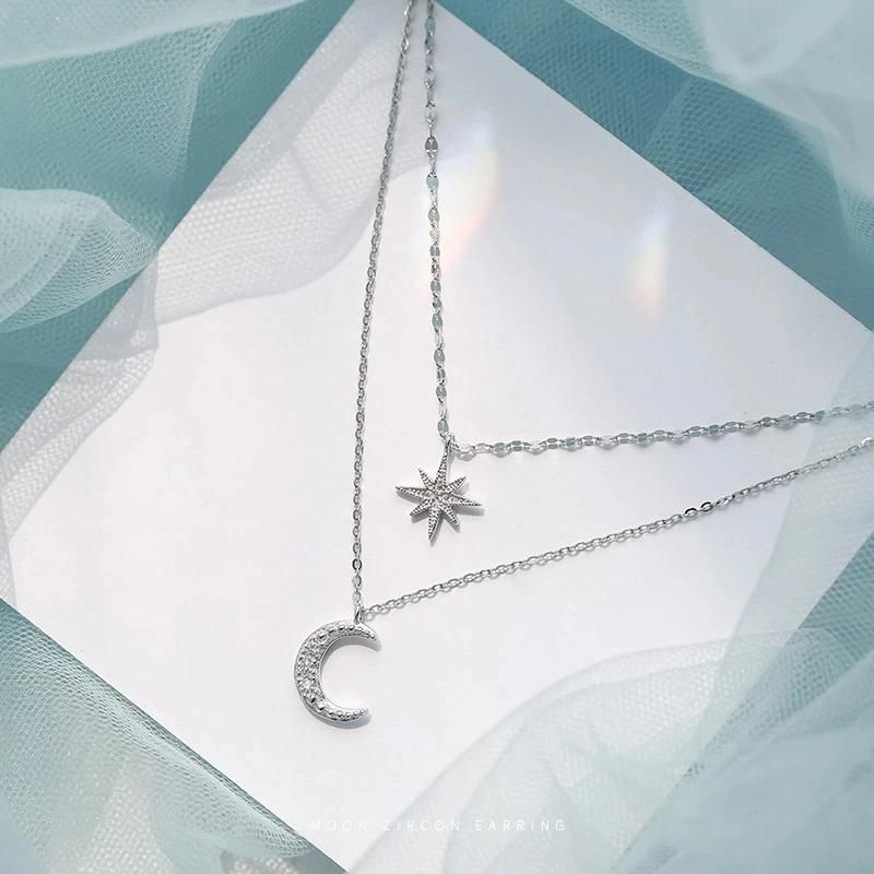 Fashion Silver Color Star Moon Double Necklace Women′s Clavicle Chain Fashion Jewelry