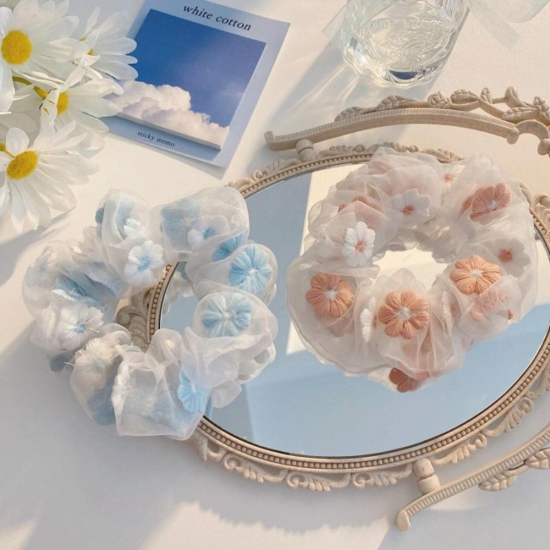 Fashion Hair Accessories Embroidered Floral Hair Rings Organza Hair Rope