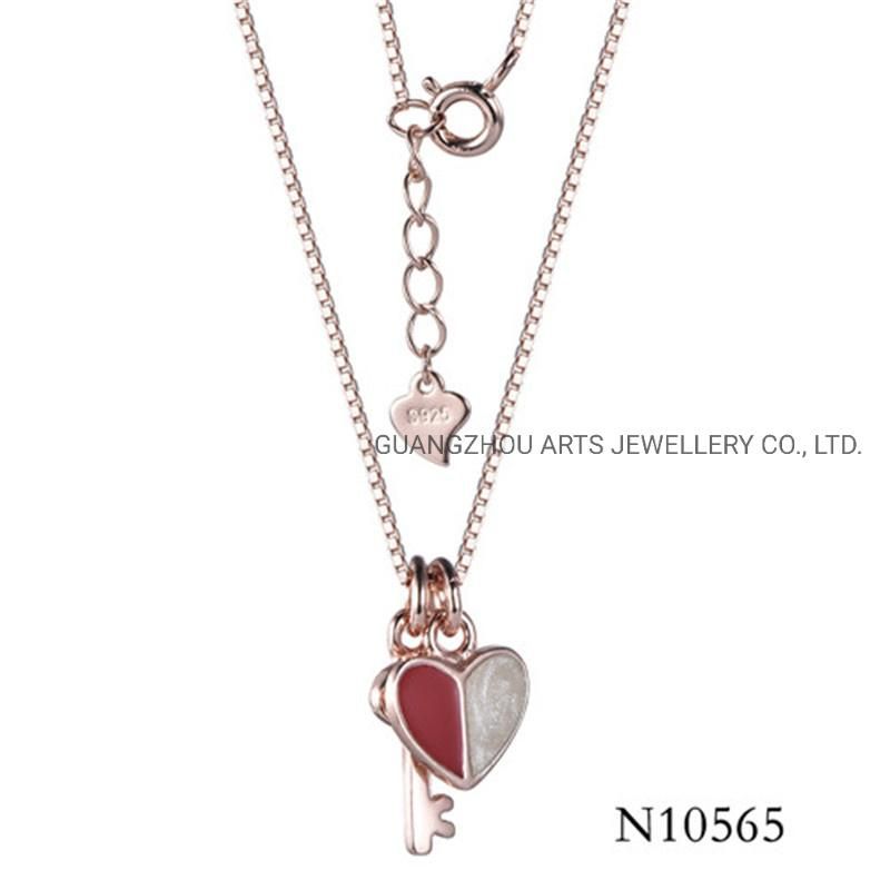 Rose Gold Plated Silver Enamel Heart & Key Pendant Necklace
