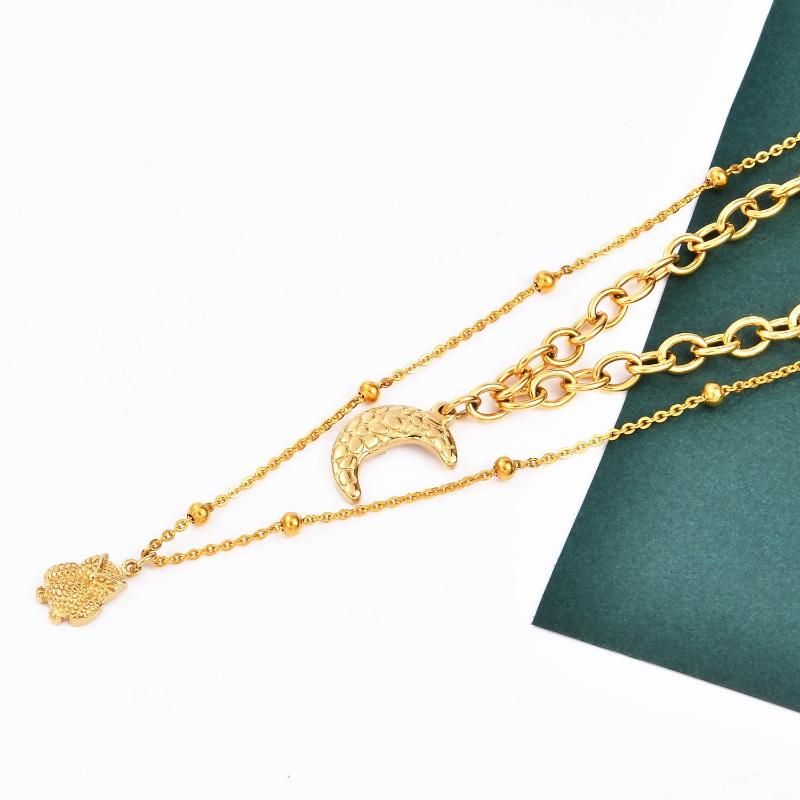 Gold Plated 47cm Beaded Chain and Curb Chain Layer Necklace with Pendant