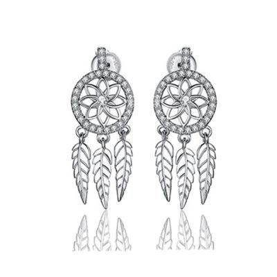 925 Sterling Silver Earrings Feather Dreamcatcher Dream Catcher Earrings Dangle Earrings CZ