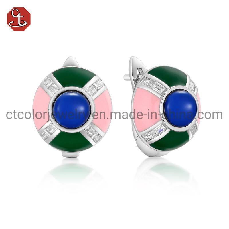 CT COLOR Fashion Jewelry Rose Gold Plated 925 Sterling Silver Earrings Enamel and CZ omega Earring for Women