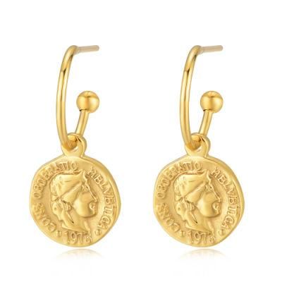 925 Sterling Silver Charm Women Drop Portrait Retro Round Coin Earrings