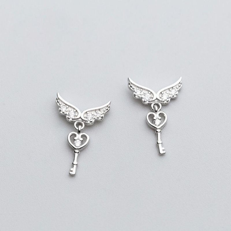 Real 925 Sterling Silver Earring Fashion Angle Wings Key Zircon Stud Earrings for Women Personality Jewelry Gift