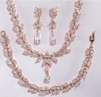 Rose Gold CZ Earring Necklace Bracelet Jewelry Set. Bridal Wedding Jewelry Set for Brides