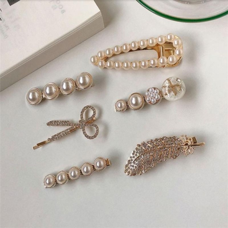 Net Red Hot Style Scissors Pearl Feather Six-Piece Hair Clip, Bear Girl Side Clip, Word Clip Duckbill Clip Hair Accessory