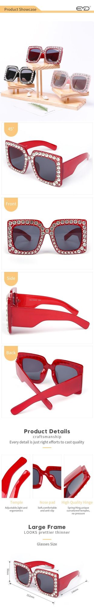 Diamond Decorated Red Thick Large Size Sunglasses for Ladies Women Outdoor Travel Square Sunglass