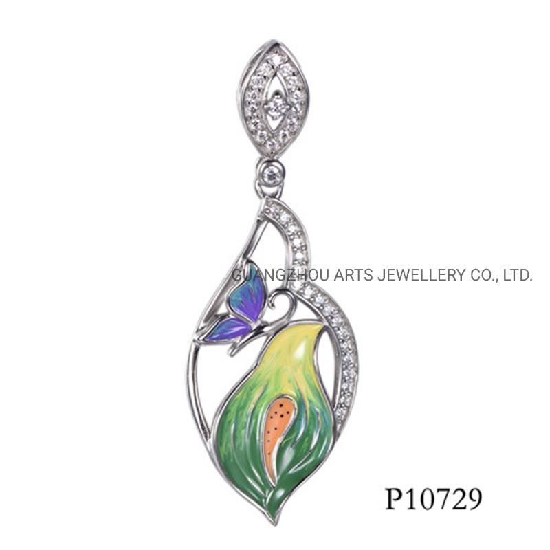 Enamel Butterfly and Flower Over 925 Sterling Silver Pendant