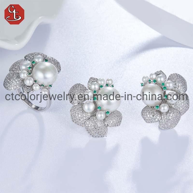 High Quality Flower Gold Plated S925 Silver CZ Freshwater Pearl Ring Earring Jewelry set White Christmas gifts