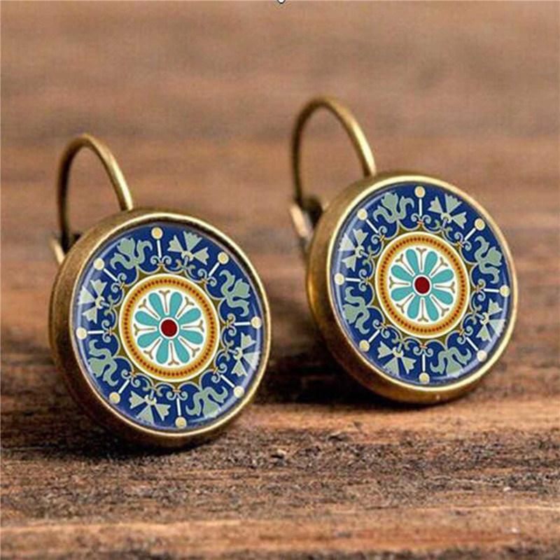 Women Vintage Bohemia Pattern Round Drop Earings Fashion Jewelry