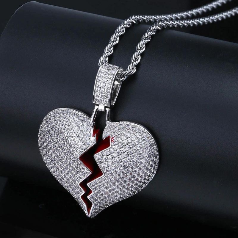 Broken Heart Solid Pendant for Men and Women Full of Zircon Hip Hop Necklace