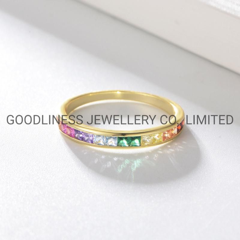 925 Sterling Silver Fine Jewelry Simple Rainbow Color CZ Rings