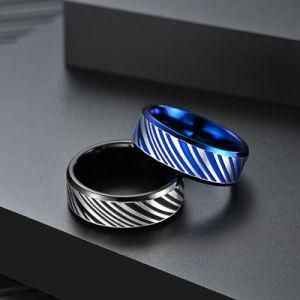 Hot Sale Promotions Leather Pattern 8 mm Width Black Blue Stainless Steel Ring for Men