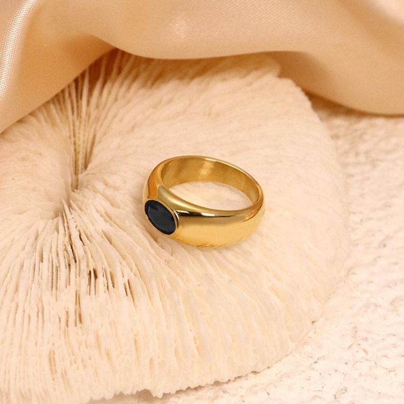 Jeweler′s Brown Round Black Stone Stylized Stainless Steel Gold Plated Ring Gold Plated Gem Ring