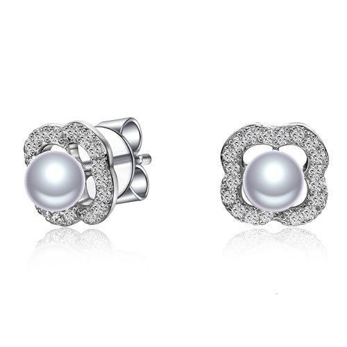 Simple CZ 925 Sterling Silver Marquise Stone Pearl Stud Earring