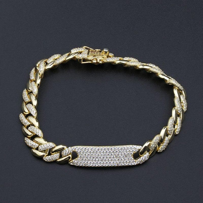 Fashion Hip-Hop Bracelet 18K Gold Plated Diamond Iced out Cuban Link Chain 925 Silver Bracelet with Buckle for Men and Women