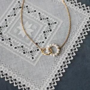 True Love Gold Plated Stainless Steel Double Circles Pendant Pearl Necklace for Women Gift
