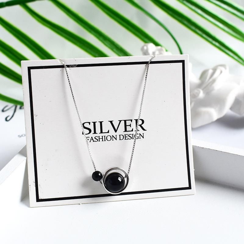 925 Silver Geometric Ring Black Agate Necklace Fashion Chain Jewelry