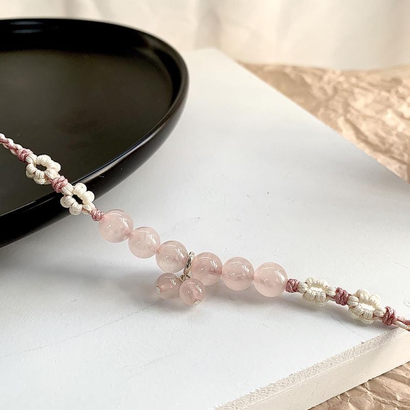 Natural Pink Crystal Bracelet 925 Sterling Silver Braided Bracelet