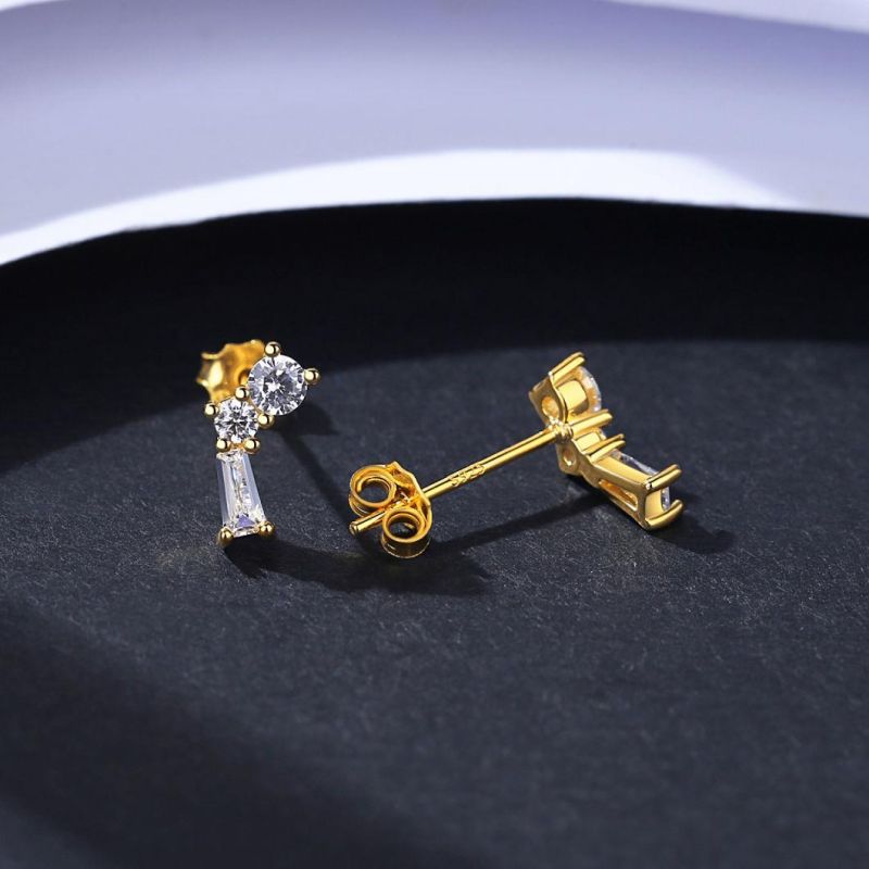 Men′ S Sterling Silver Jewelry 14 K Gold Plated Diamond Stud Earrings