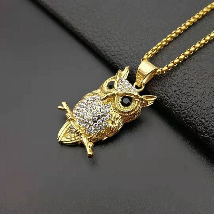 Stainless Steel Gold Plated Drill Owl Pendant Necklace Jewelry